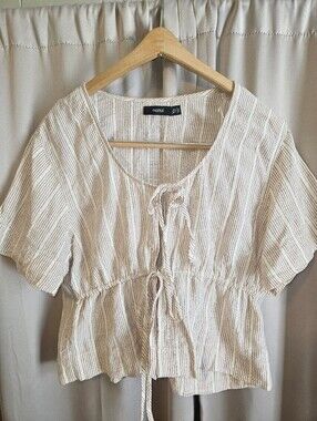 Nunui Cream and Taupe Striped Linen Blend Open Tie-Front